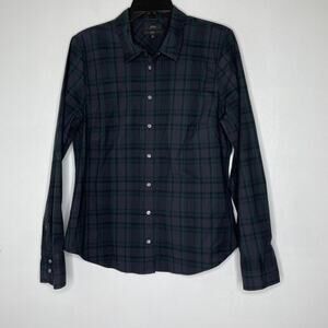 J Crew Shirt Womens 14 Navy Green Plaid Button Down Slim Fit Stretch Cotton